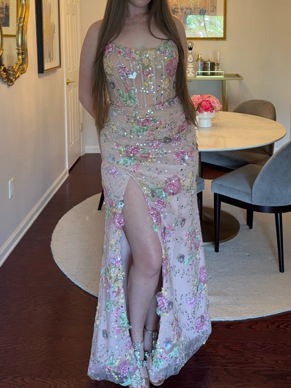Strapless Pink Floral Sequin Evening Gown with High Slit